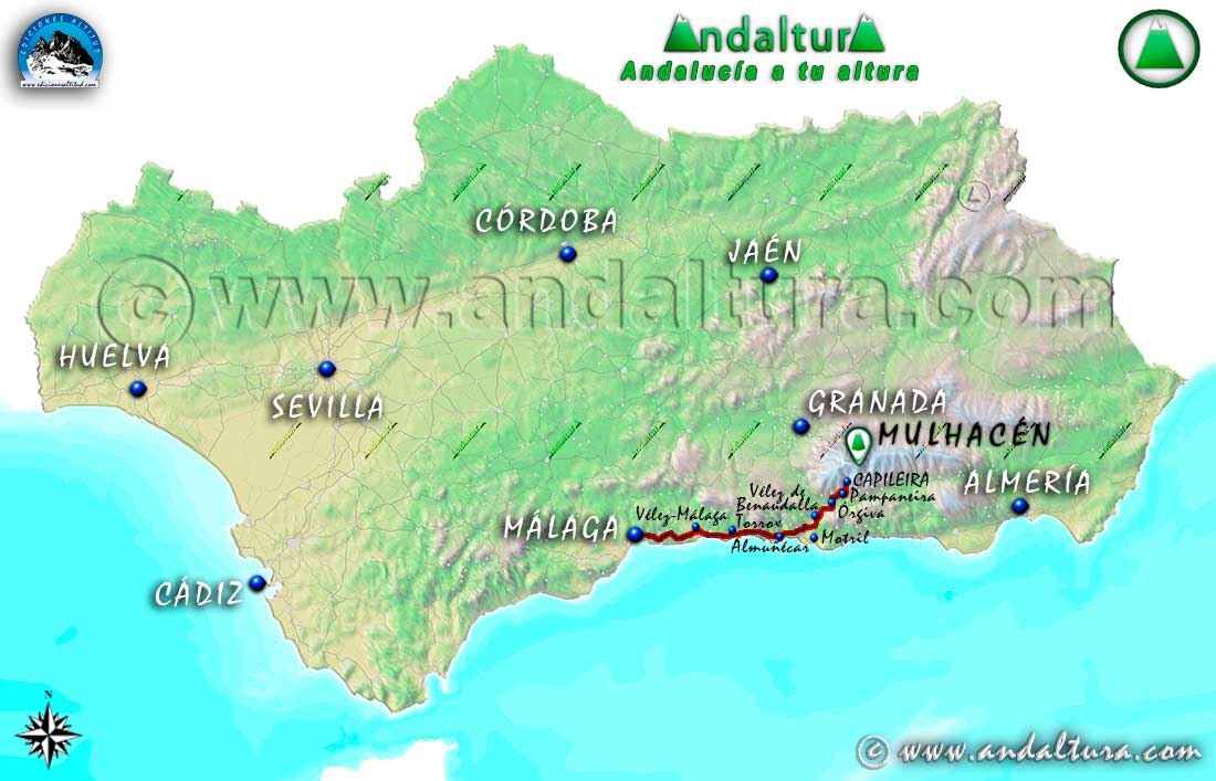 Mapa de accesos desde Málaga Capileira y la Hoya del Portillo para ascender al Mulhacén