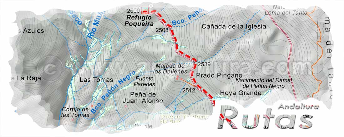 Cabecera con el Mapa de la Ruta desde la Hoya del Portillo al Refugio Guardado Poqueira por el PR-A 26