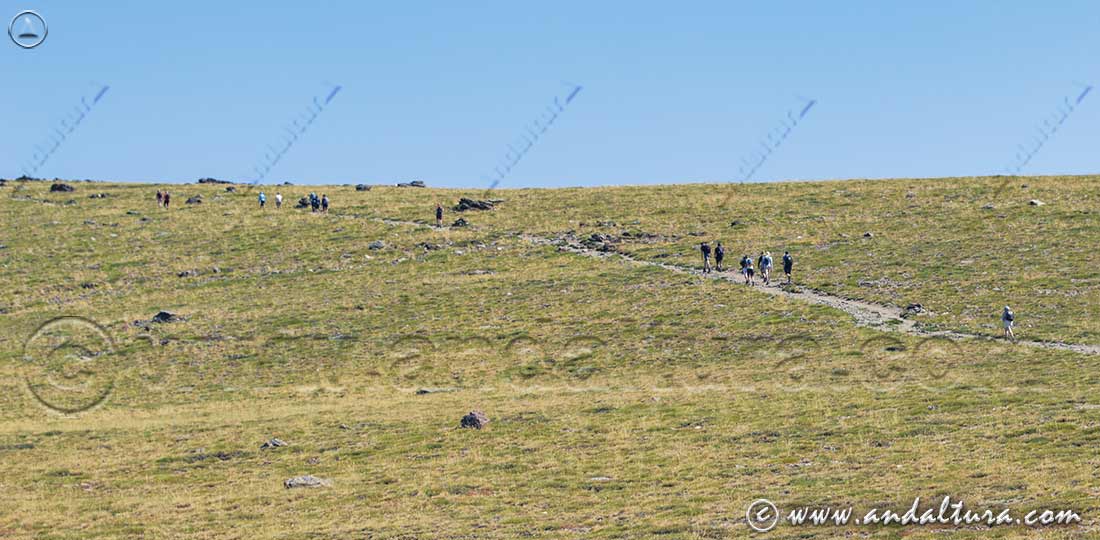 Senderistas ascendiendo al Mulhacén tras llegar al Alto del Chorrillo en la "Lanzadera" del SIAC desde Capileira