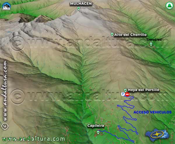 Imagen Virtual 3D del recorrido en coche por la pista desde Capileira a la Hoya del Portillo