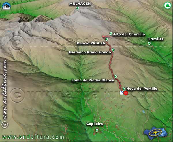 Imagén Virtual 3D del recorrido de la ruta desde la Hoya del Portillo al Alto del Chorrillo por el PR-A 26 en relación al Mulhacén
