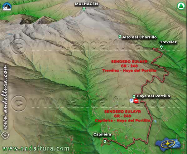 Imagen Virtual 3D de Sierra Nevada con el Sendero Sulayr desde Capileira y Trevélez a la Hoya del Portillo