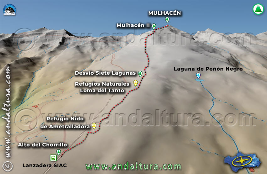 Imagen Virtual 3D de la Ruta desde el Alto del Chorrillo, donde llega la "Lanzadera" del SIAC de Capileira para tomar la vereda al Mulhacén