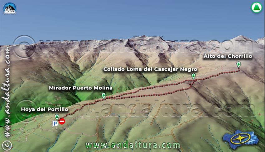 Imagen Virtual 3D de la Ruta desde el la Hoya del Portillo al Alto del Chorrillo donde llega la "Lanzadera" del SIAC de Capileira