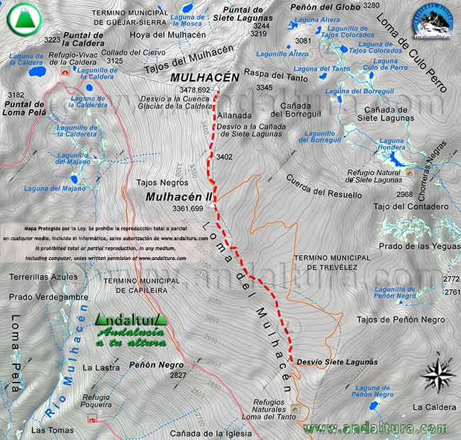 Mapa a escala 1:20000 de la segunda parte de la subida de la ruta desde el Alto del Chorrillo al Mulhacén