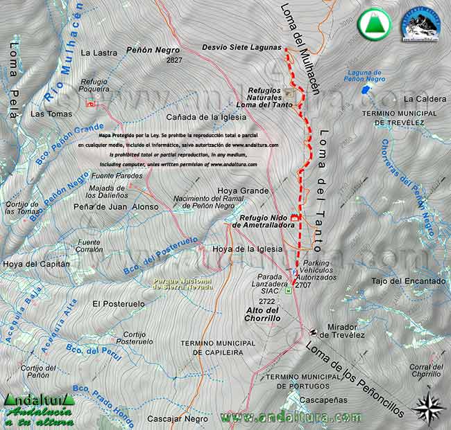Mapa a escala 1:20000 de la primera parte de la subida de la ruta desde el Alto del Chorrillo al Mulhacén