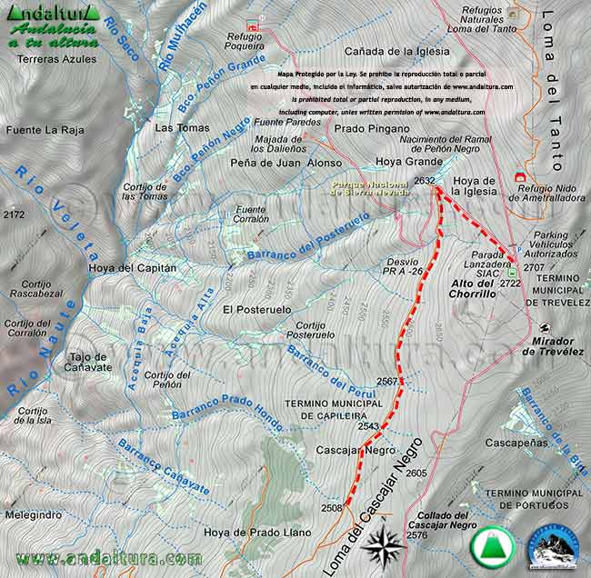 Mapa a escala 1:20000 de la segunda parte de la ruta desde el Barranco Prado Hondo hasta el Alto del Chorrillo tras desviarnos del PR-A 26