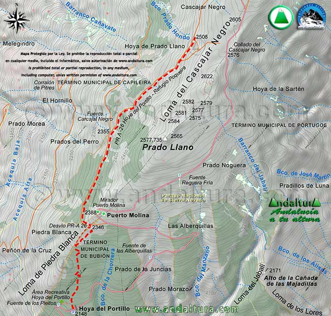 Mapa a escala 1:20000 de la primera parte de la subida de la ruta desde la Hoya del Portillo hasta el Refugio Poqueira, en el tramo Hoya del Portillo - Barranco Prado Hondo