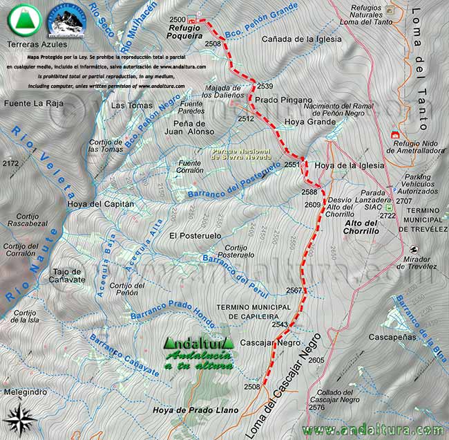 Mapa a escala 1:20000 de la segunda parte de la subida de la ruta desde la Hoya del Portillo hasta el Refugio Poqueira, en el tramo Barranco Prado Hondo - Refugio Poqueira