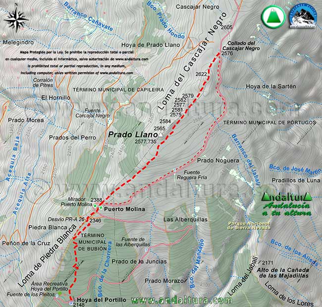 Mapa a escala 1:20000 de la primera parte de la subida de la ruta desde la Hoya del Portillo hasta el Collado del Cascajar Negro por la vereda o la pista