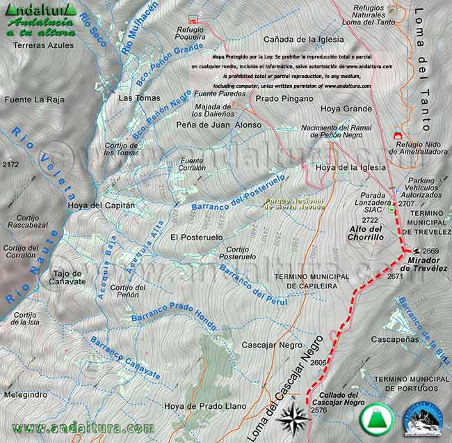 Mapa a escala 1:20000 de la segunda parte de la subida de la ruta desde el Collado del Cascajar Negro al cruce de pistas del Alto del Chorrillo