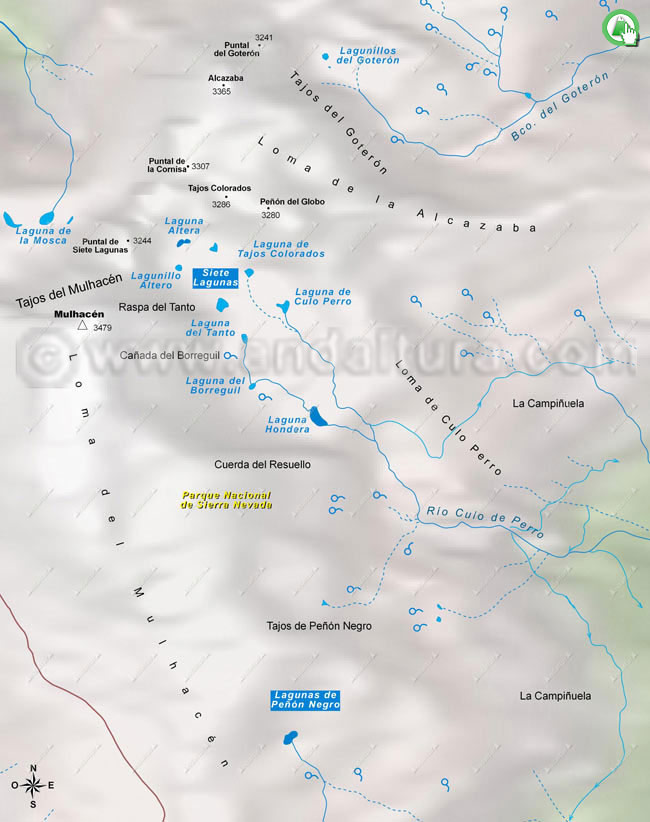 Mapa antiguo de las Lagunas de Sierra Nevada del río JCulo de Perro y las lagunas de Peñón Negro y Siete Lagunas en el Término municipal de Trevélez