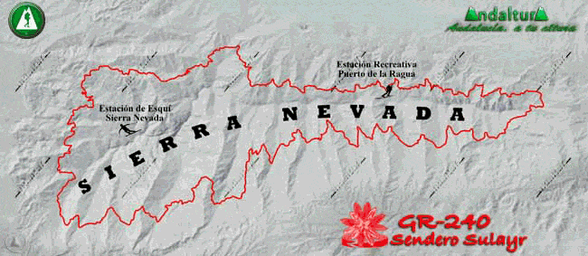 Mapa de Sierra Nevada y del trayecto del Gran Recorrido GR240 Sendero Sulayr y los Refugios de Sierra Nevada cercanos