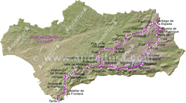 Mapa de Andalucía con el Trayecto del Sendero de Gran Recorrido Europeo E-4 / GR-7