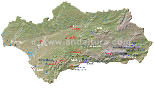 Antiguo Mapa de Andalucía con localidades que tienen Senderos Locales SL