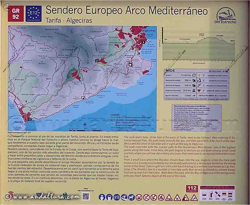 Cartel del Sendero Europeo Arco Mediterráneo E12 GR92: Tarifa - Algeciras