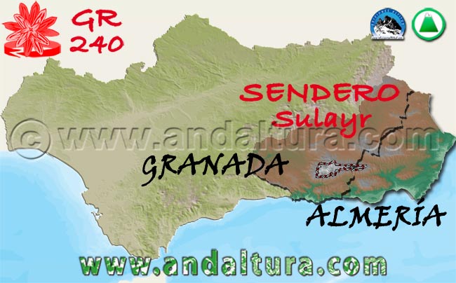Mapa de Andalucía y las Provincias de Granada y Almería por donde pasa el Gran Recorrido GR240 - Sendero Sulayr