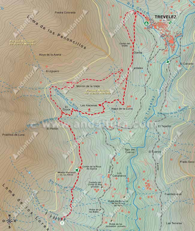 Mapa Topográfico 2 de la Ruta del Gran Recorrido E-4 / GR-7 del Tramo de Busquístar a Trevélez desde el Barranco de los Alisos a Trevélez