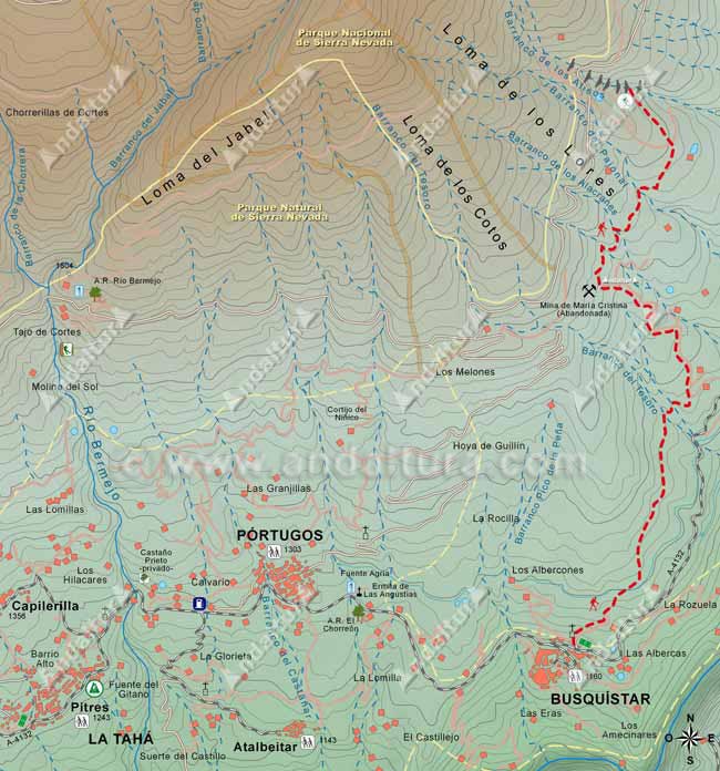 Mapa Topográfico 1 de la Ruta del Gran Recorrido E-4 / GR-7 del Tramo de Busquístar a Trevélez desde Busquístar al Barranco de los Alisos