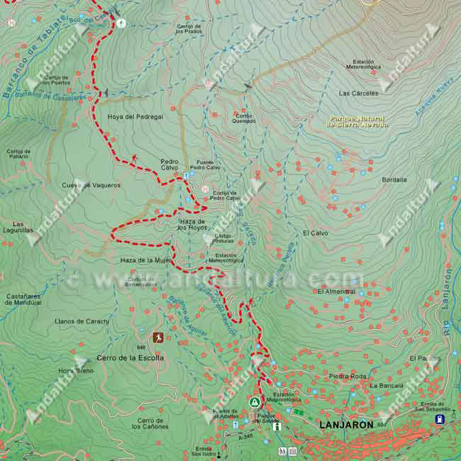 Mapa Topográfico 2 de la Ruta del Gran Recorrido E-4 / GR-7 del Tramo de Nigüelas a Lanjarón desde el Barranco del Cascajar - Pedro Calvo a Lanjarón