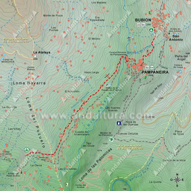 Mapa Topográfico de la Ruta del Gran Recorrido E-4 / GR-7 del Tramo de Soportújar y la pista de la Ermita del Padre Eterno a Pampaneira y Bubión