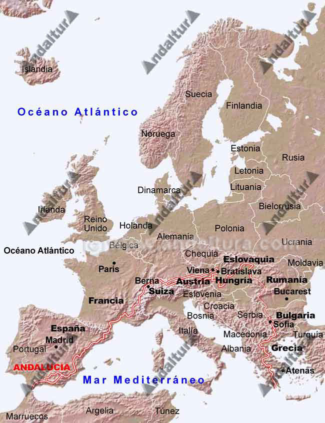 Mapa de Europa con el Trayecto del Sendero de Gran Recorrido Europeo E-4 / GR-7