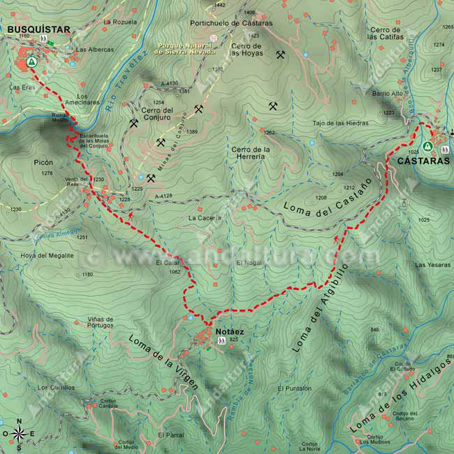 Mapa Topográfico de la Ruta del Gran Recorrido GR-142 "Sendero de la Alpujarra" del Tramo de Busquístar a Cástaras por Notáez