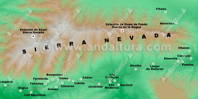 Mapa de Sierra Nevada y la Alpujarra del Gran Recorrido GR-142 Sendero de la Alpujarra