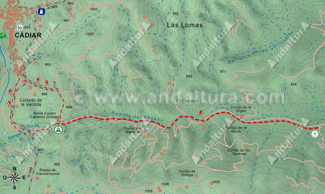 Mapa Topográfico 1 de la Ruta del Gran Recorrido GR-142 "Sendero de la Alpujarra" del Tramo de Cádiar a Jorairátar por la Rambla del Repenil