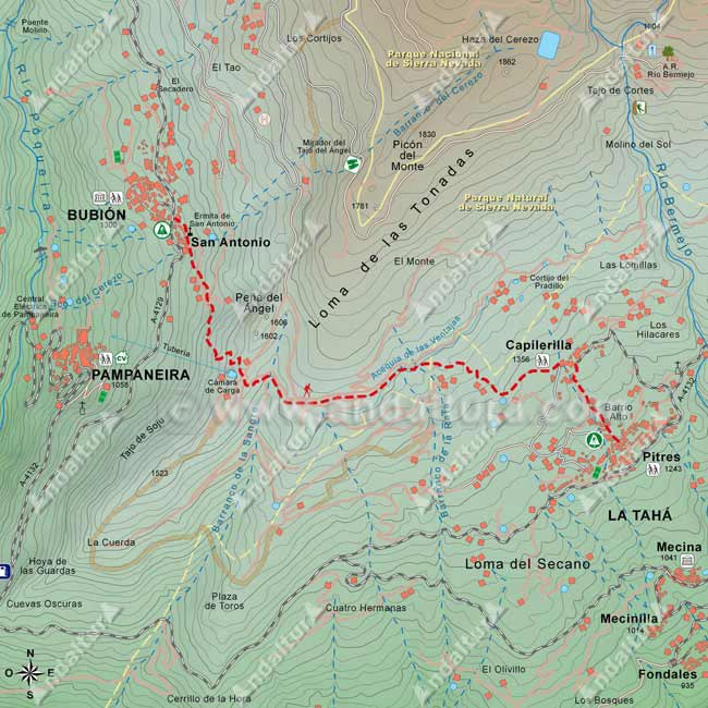 Mapa Topográfico de la Ruta del Gran Recorrido E-4 / GR-7 del Tramo de Bubión a Pitres
