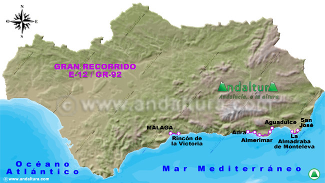 Mapa de Andalucía con los tramos señalizados del Sendero E12 GR92