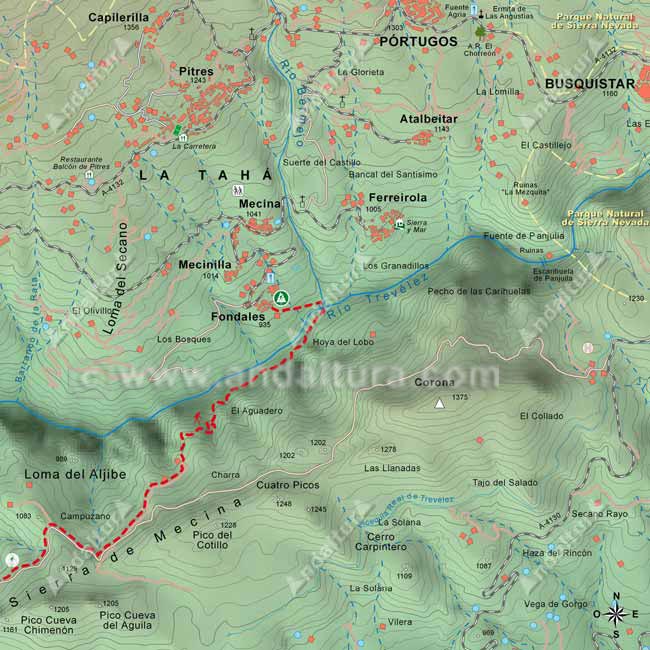 Mapa Topográfico 3 de la Ruta del Gran Recorrido GR-142 "Sendero de la Alpujarra" del Tramo de Órgiva a Fondales por la Sierra de Mecina