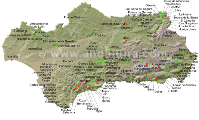 Mapa de Andalucía con distintas localidades con Pequeños Recorridos PR