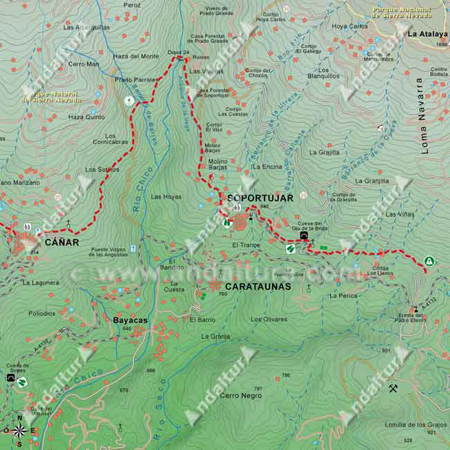 Mapa Topográfico de la Ruta del Gran Recorrido E-4 / GR-7 del Tramo de Cáñar a Soportújar y la pistas de la Ermita del Padre Eterno