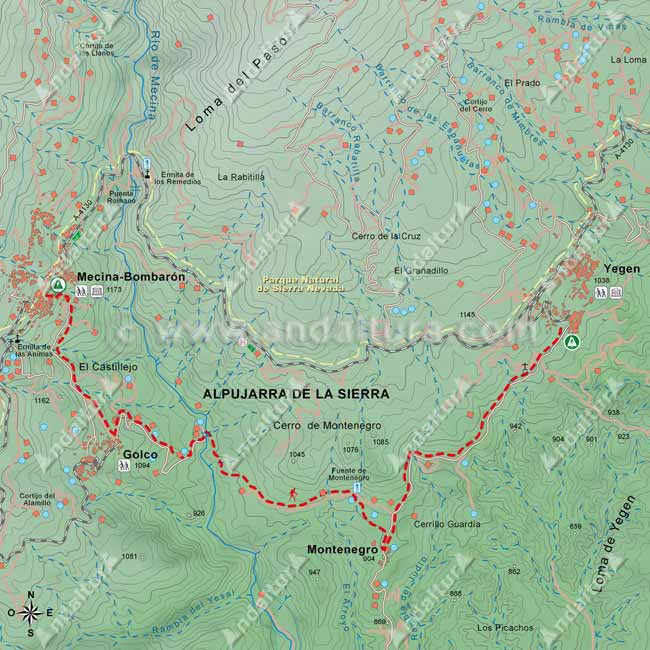 Mapa Topográfico de la Ruta del Gran Recorrido del E-4 / GR-7 del Tramo de Mecina-Bombarón a Yegen