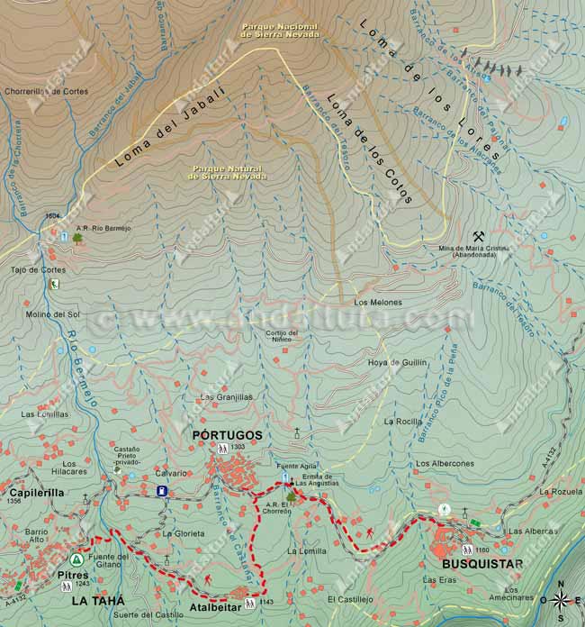 Mapa Topográfico de la Ruta del Gran Recorrido E-4 / GR-7 del Tramo de Pitres a Busquístar