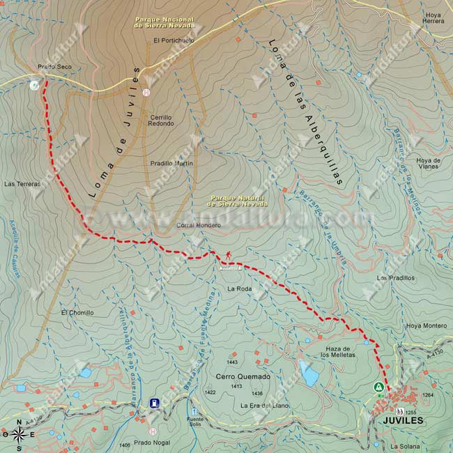 Mapa Topográfico 2 de la Ruta del Gran Recorrido E-4 / GR-7 del Tramo de Trevélez a Juviles desde Prado Seco a Juviles