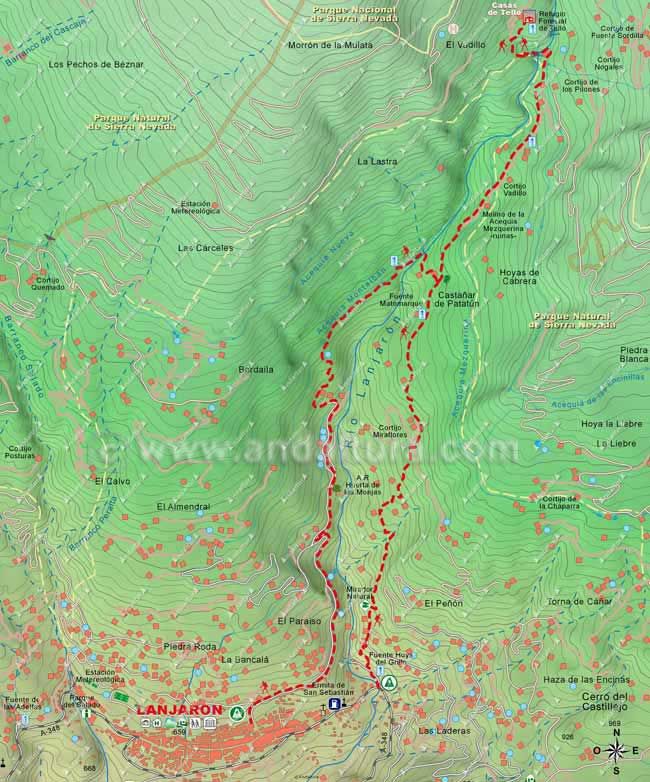 Mapa Topografico de la Ruta de Lanjarón a las Casas de Tello y regreso por la Acequía de Montalbán