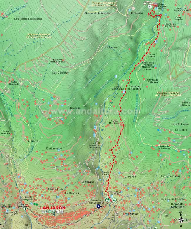 Mapa Topográfico 1 de la Ruta de Lanjarón al Refugio Ventura - Mapa del PR-A34 Lanjarón - Tello - Ventura