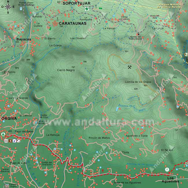Mapa Topográfico 1 de la Ruta del Gran Recorrido GR-142 "Sendero de la Alpujarra" del Tramo de Órgiva a Fondales por Los Agustines