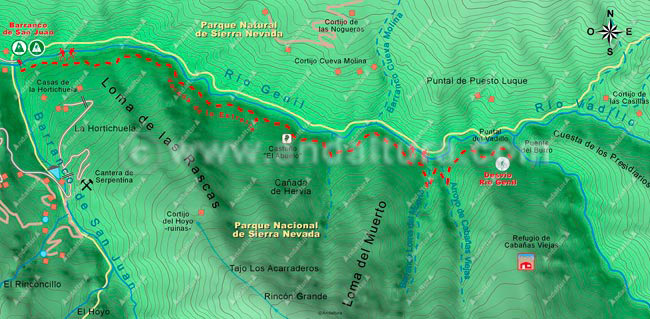 Mapa Topográfico 1 de la Ruta a la Tejeda de las Labores del Guarnón - Sierra Nevada