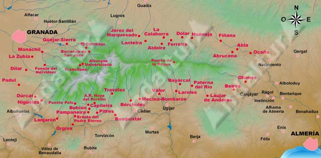 Mapa de Sierra Nevada y sus Pueblos con nuestras rutas propuestas por la Baja Montaña