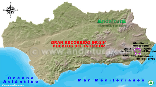 Mapa de Andalucía donde aparece señalizado el Gran Recorrido GR244 Pueblos del Interior