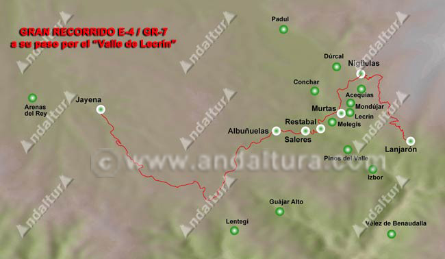 Mapa del Trayecto del Sendero de Gran Recorrido Europeo E-4 / GR-7 por el Valle de Lecrín
