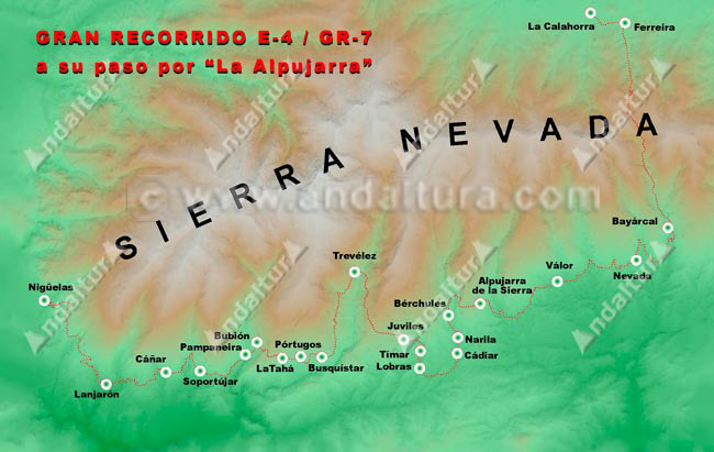 Mapa de Sierra Nevada y la Alpujarra con el trayecto del Sendero de Gran Recorrido Europoeo E.3 / GR-7