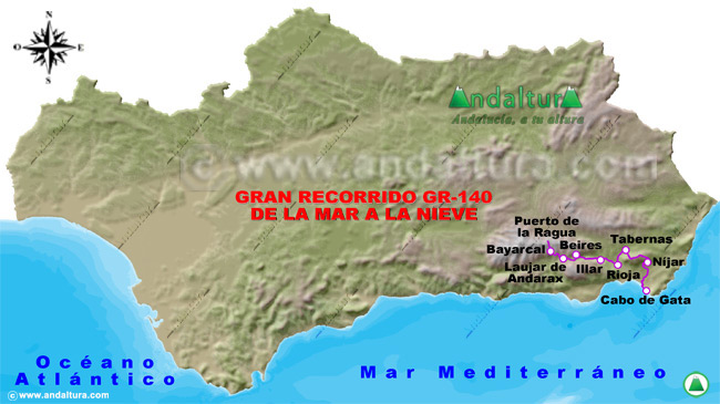 Mapa de Andalucía donde aparece señalizado el Gran Recorrido GR140 De la mar a la Nieve