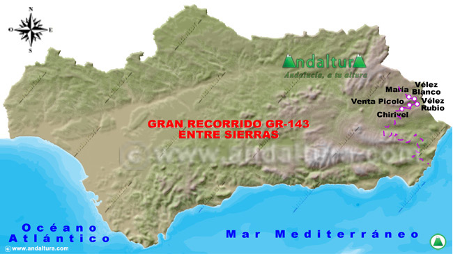 Mapa de Andalucía donde aparece señalizado el Gran Recorrido GR143 Entre Sierras