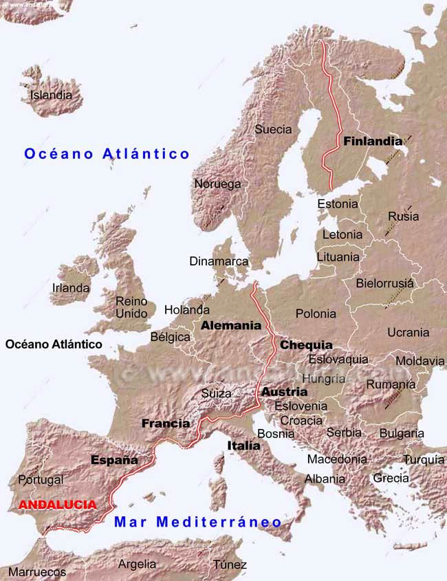 Mapa de Europa con la Península y Andalucía del Gran Recorrido Europeo E12