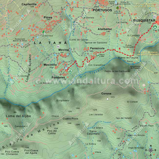 Mapa Topográfico de la Ruta del Gran Recorrido GR-142 "Sendero de la Alpujarra" del Tramo de Fondales a Busquístar por Ferreirola
