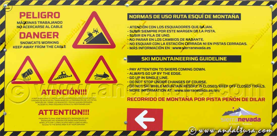 Cartel norma de uso de las ruta de esquí de travesía Peñón de Dílar
